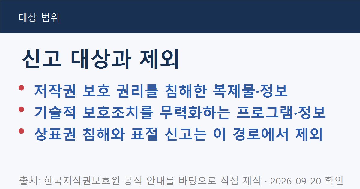 불법복제물 신고 대상과 상표권 및 표절 신고 제외 범위를 보여 주는 직접 제작 도표