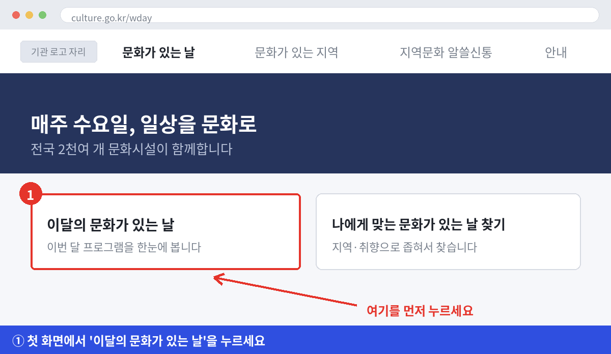 문화가 있는 날 누리집 첫 화면에서 이달의 문화가 있는 날 메뉴를 누르는 위치를 표시한 그림