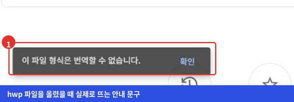 지원하지 않는 hwp 파일을 올렸을 때 이 파일 형식은 번역할 수 없습니다 라는 안내가 뜬 화면