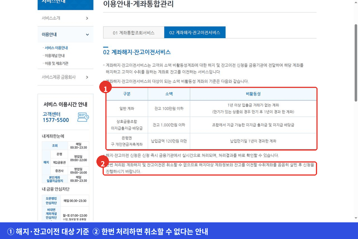 어카운트인포 이용안내 화면에서 소액 비활동성 계좌의 잔고와 거래 기준을 표로 안내한 화면