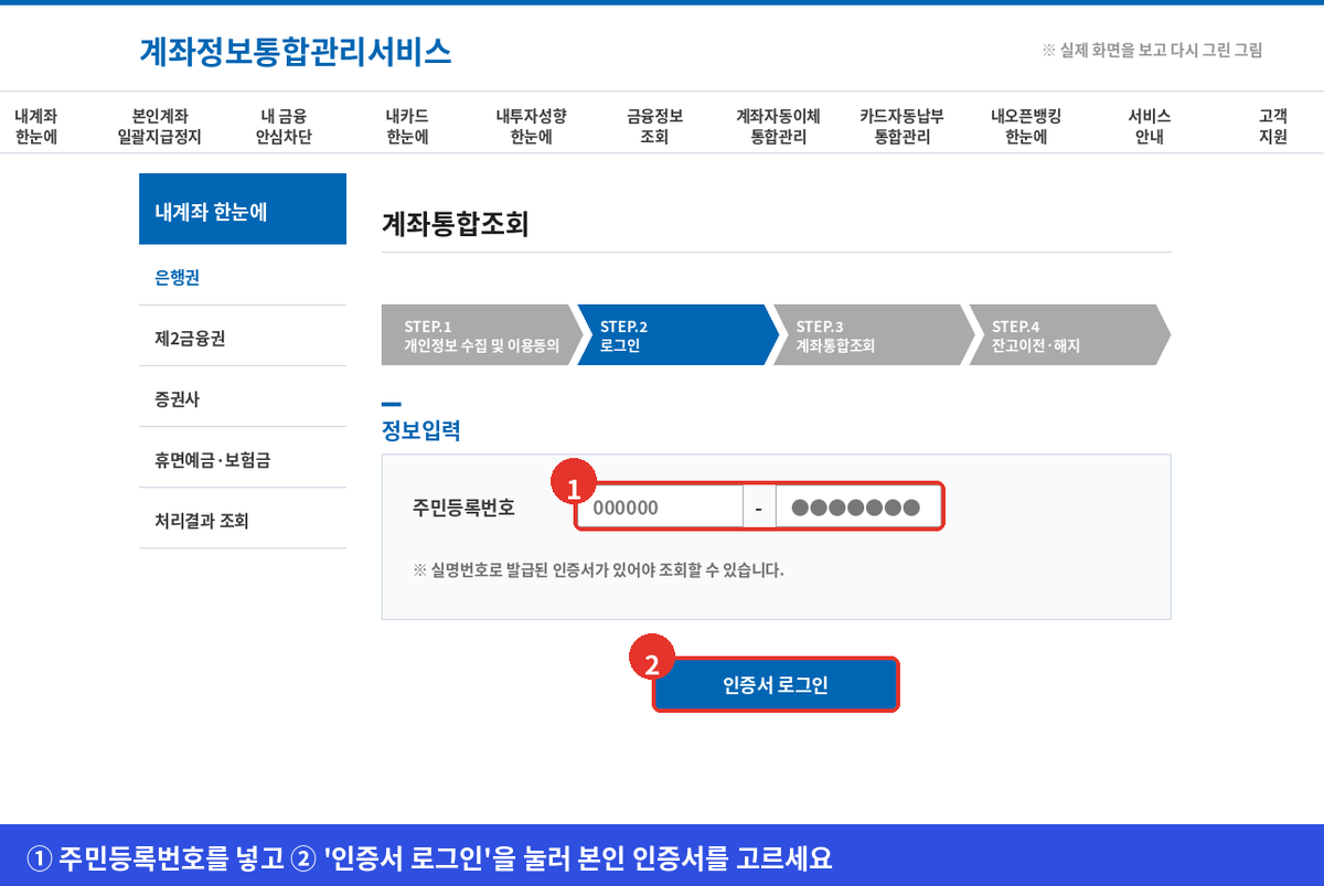 계좌통합조회 로그인 화면에서 주민등록번호 입력칸과 인증서 로그인 버튼 위치를 다시 그린 그림